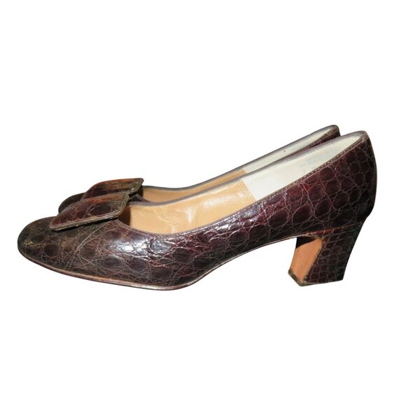 Antonelli Brown Croc Embossed Italian Leather Fringe Block Heeled Pumps size 7 - Picture 1 of 10